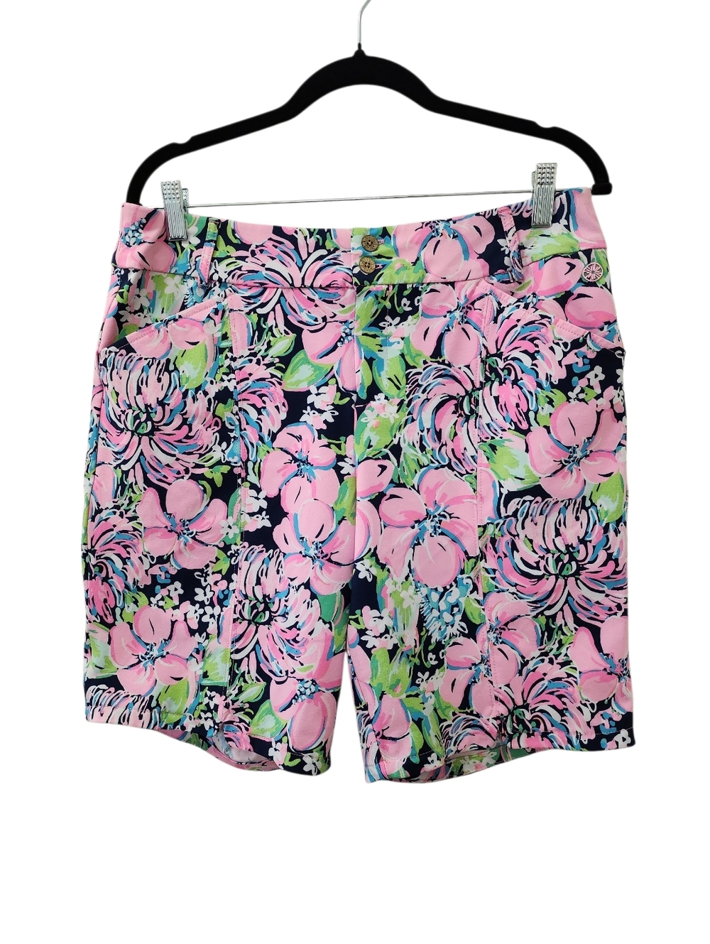 Lilly Pulitzer Luxletic Bettina UPF 50+ Navy Tall Order Bermuda Shorts Size 12 - Picture 2 of 16